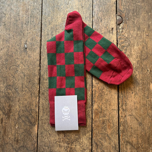 Burgundy sock with green checks
