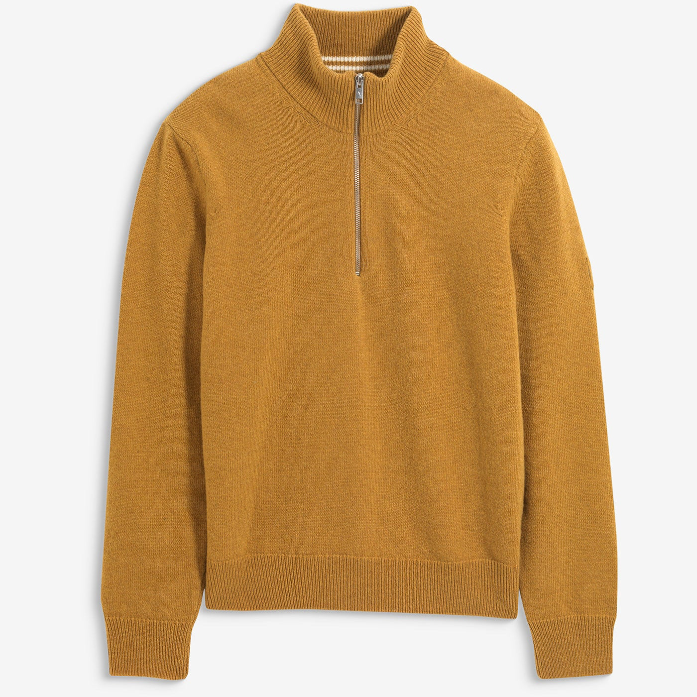 Mustard yellow sweater with a quarter zip on a light gray background