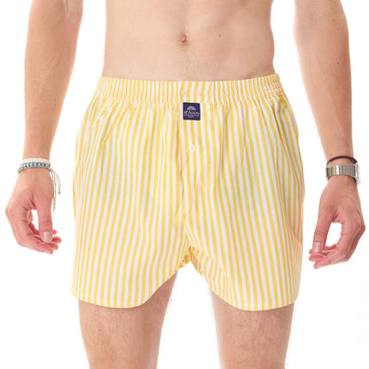 Man wearing yellow striped boxers