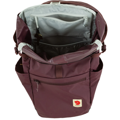 Open maroon backpack with visible interior and brand logo on a white background