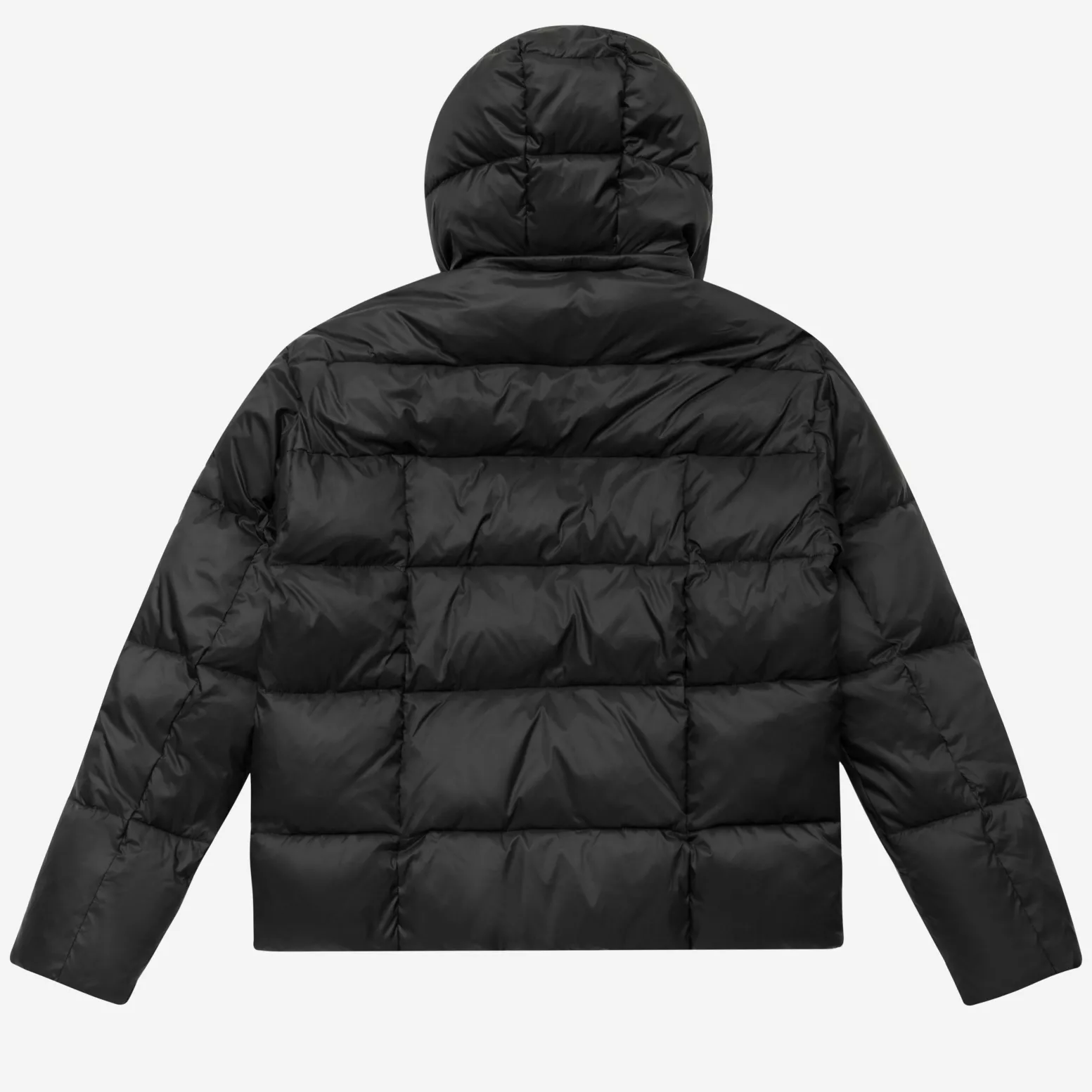 Black puffer jacket with a hood on a white background
