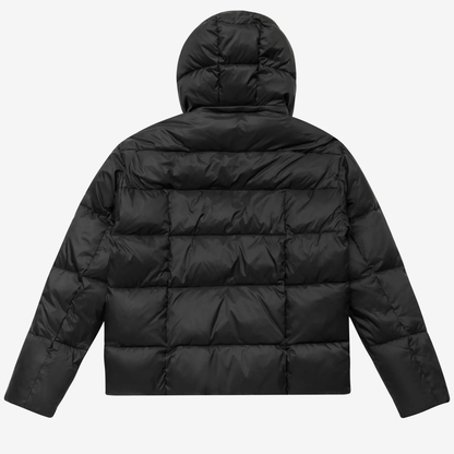 Black puffer jacket with a hood on a white background