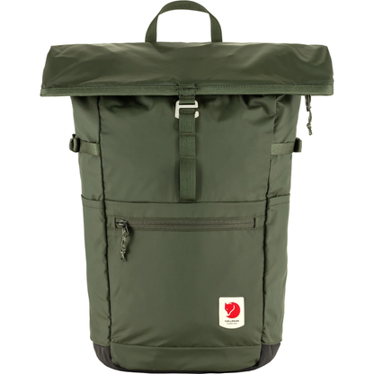 Green roll-top backpack with a visible brand logo on a white background