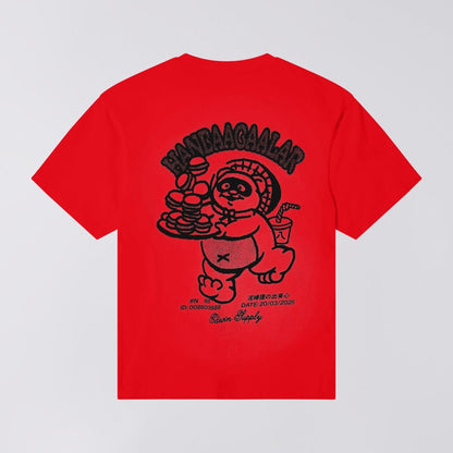  back of red t shirt with bear and handbagalar