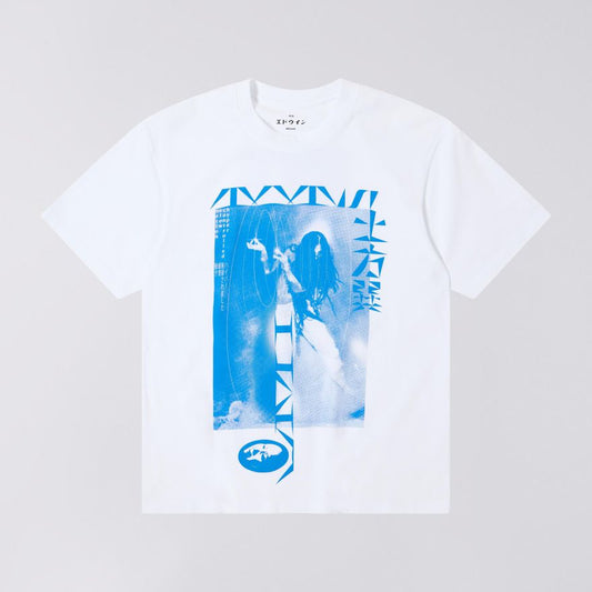 White t-shirt with blue graphic design on a gray background