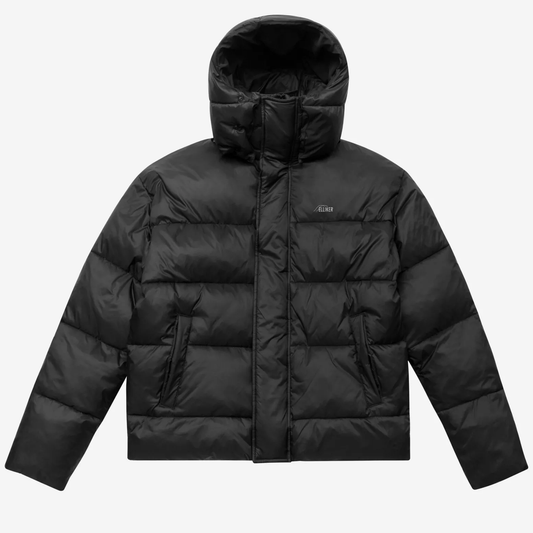 Black puffer jacket on a white background