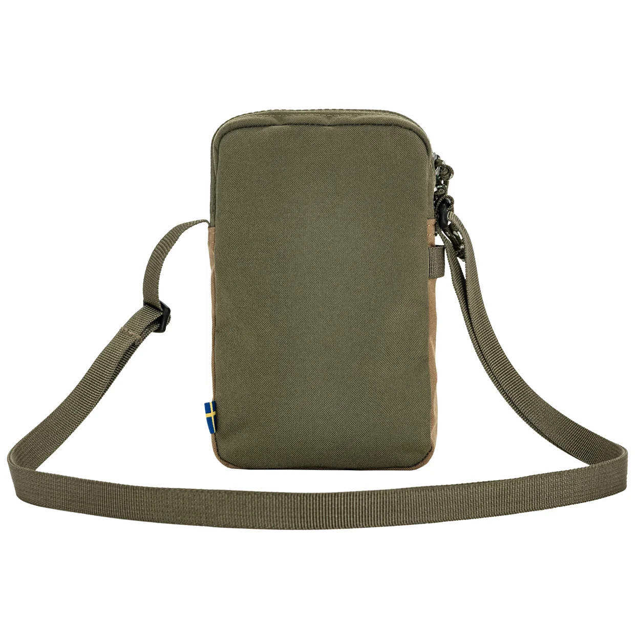 Green crossbody bag with a strap on a white background