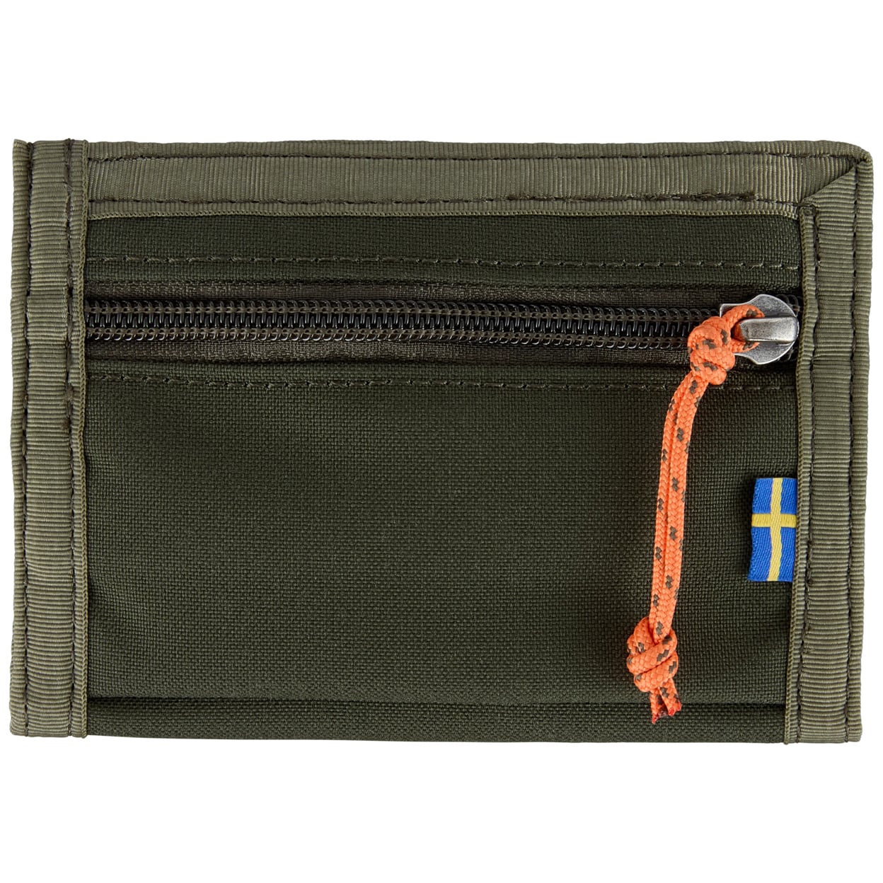 A green card holder wallet with a front zipper pocket, featuring an orange braided zipper pull cord with a Swedish flag emblem.