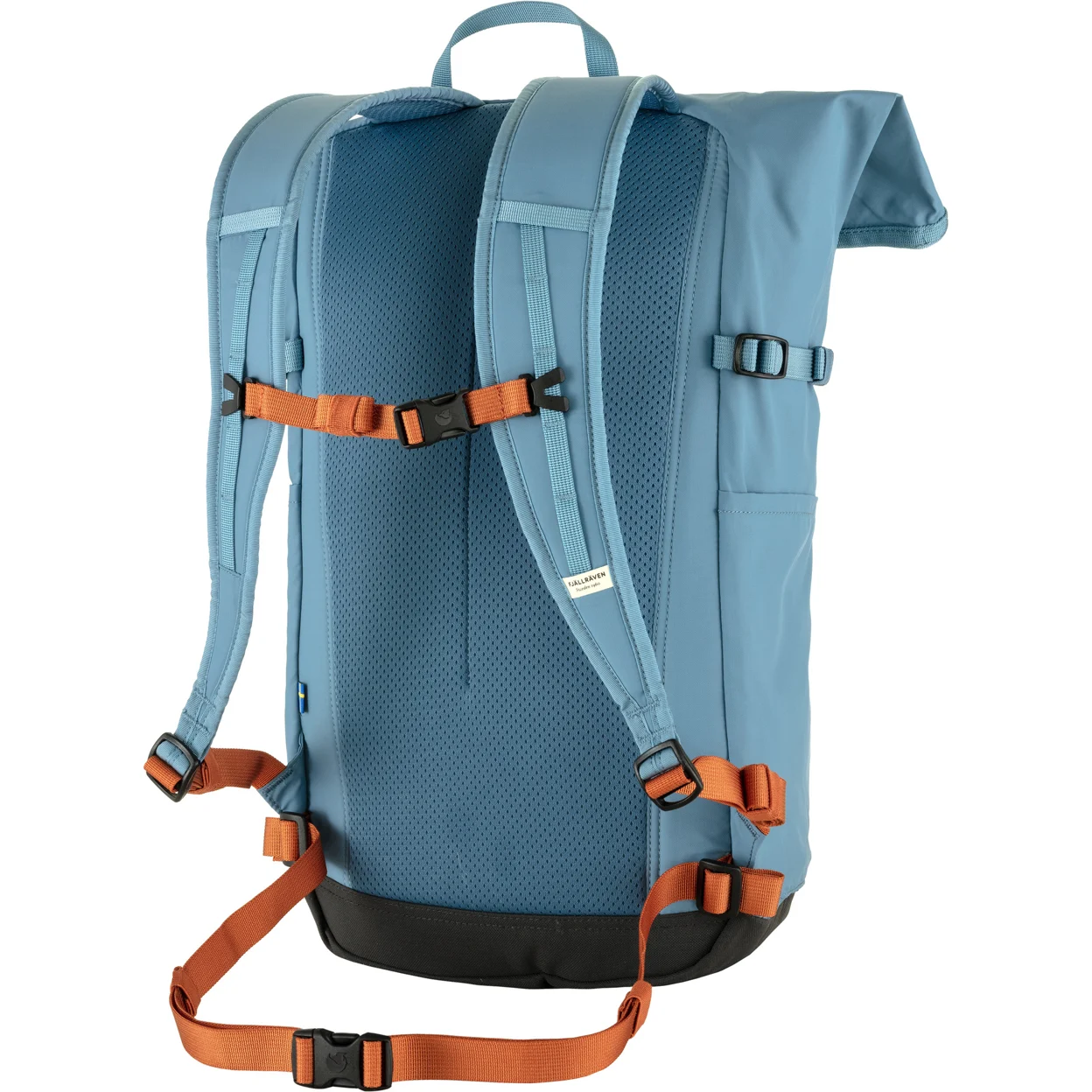 Blue backpack with orange straps on a white background