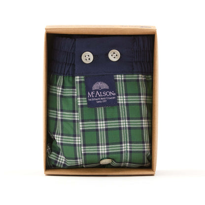 McAlson men's boxers in a green and navy plaid pattern, presented inside a brown cardboard gift box on a white background.