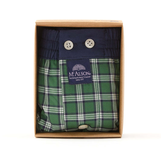 McAlson men's boxers in a green and navy plaid pattern, presented inside a brown cardboard gift box on a white background.