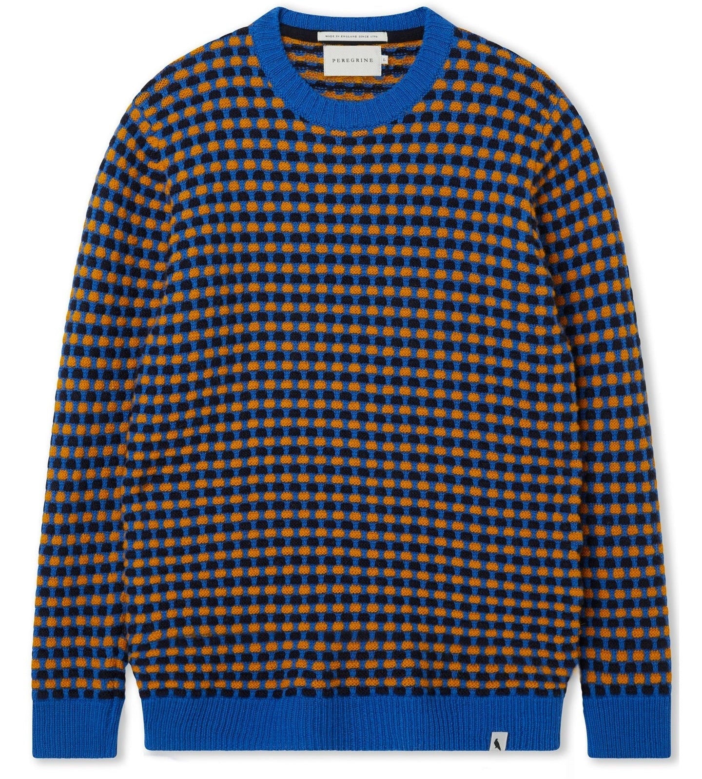 Blue and orange checkered sweater on a white background