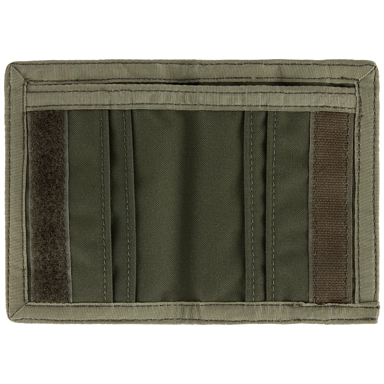 A green wallet with multiple vertical slots, two dark brown hook-and-loop fastening areas on the sides, and a stitched border, shown against a plain white background.