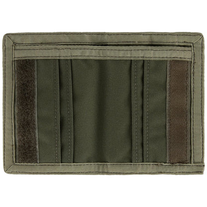A green wallet with multiple vertical slots, two dark brown hook-and-loop fastening areas on the sides, and a stitched border, shown against a plain white background.