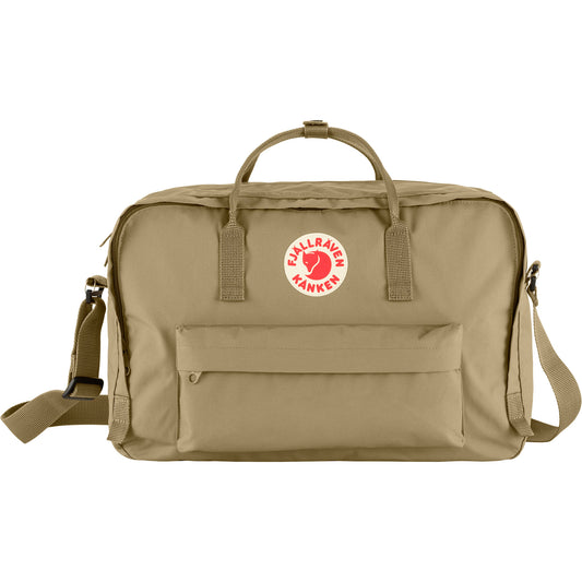 Kanken style holdall with reinforced top straps, rucksack style straps in a muted clay with an front pocket and the classic circular fjallraven logo 