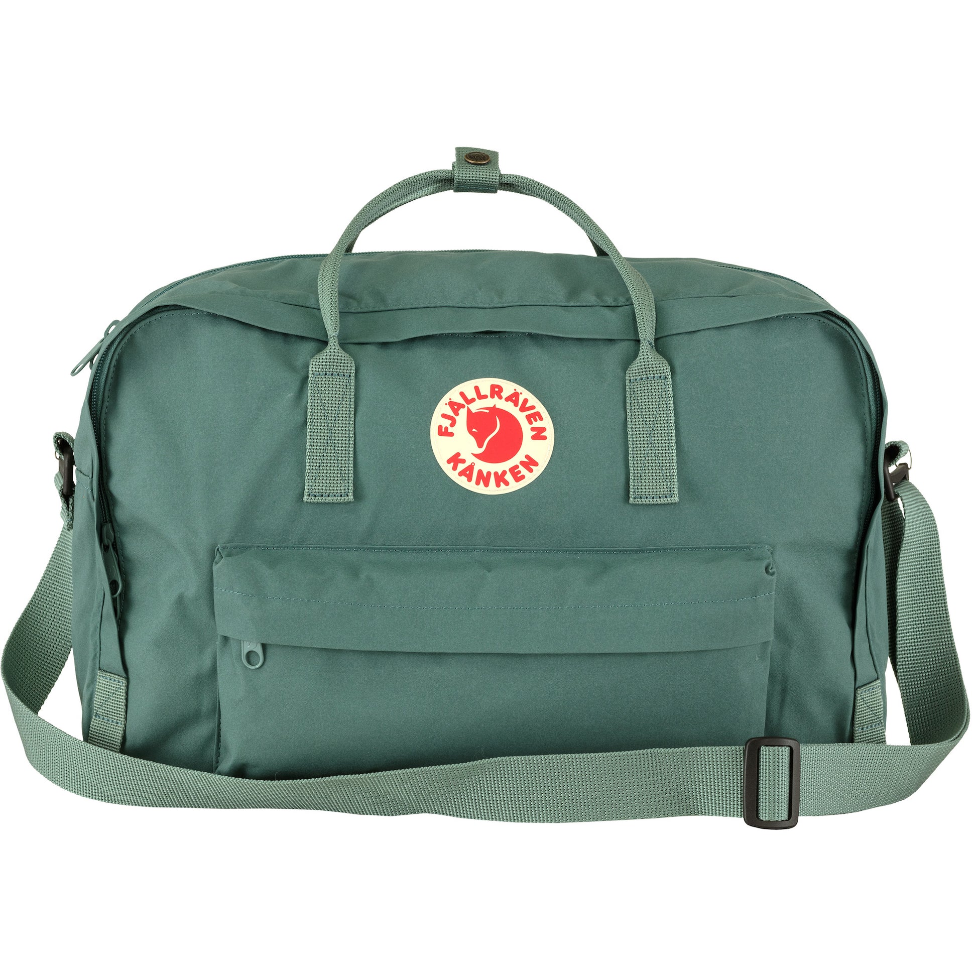 Frost Green Kanken style holdall with front pocket and back straps the classic kanken reinforced handle at the top 