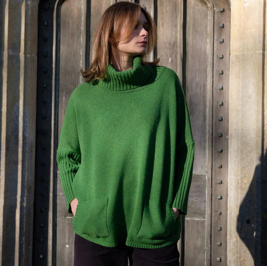 Rosemary green High neck relaxed jumper with ribbed arms and oversized feel. patch pockets 