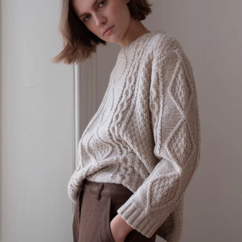 Linen Colour cable knit sweater, 100% wool, bibico brand, Available at Regent Tailoring Salisbury UK