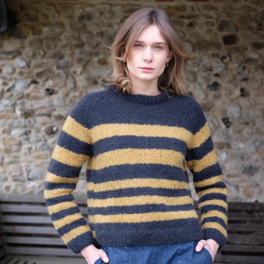 Hay & Indigo Stripe Jumper with uneven stripes, crew neck and ribbed hems. 