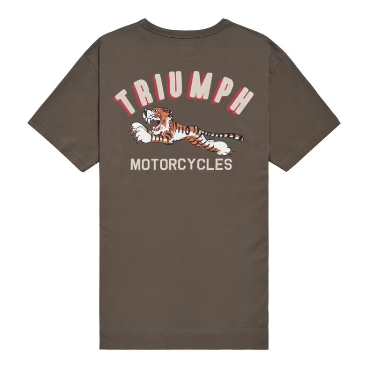 Mushroom colour crew neck tee with back detail writing "triumph motorcycles" and tiger graphic/