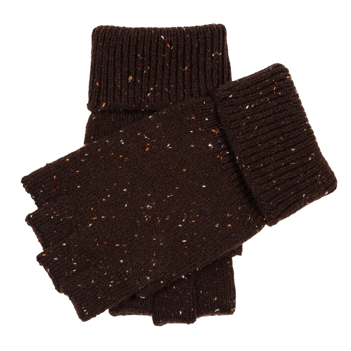 A pair of dark brown knit fingerless gloves with a multicolor speckled pattern.