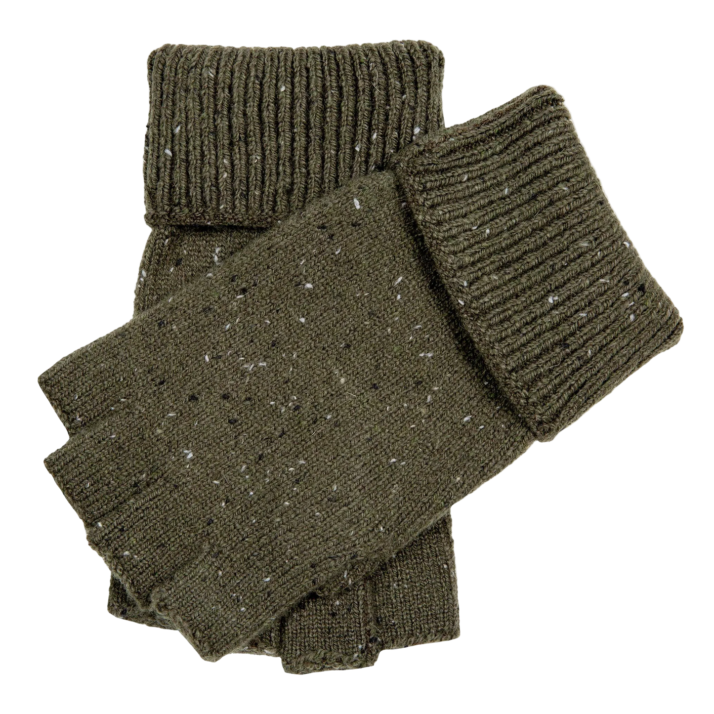 A pair of olive green knit boot covers with white and black flecks, featuring ribbed cuffs, shown on a plain white background.