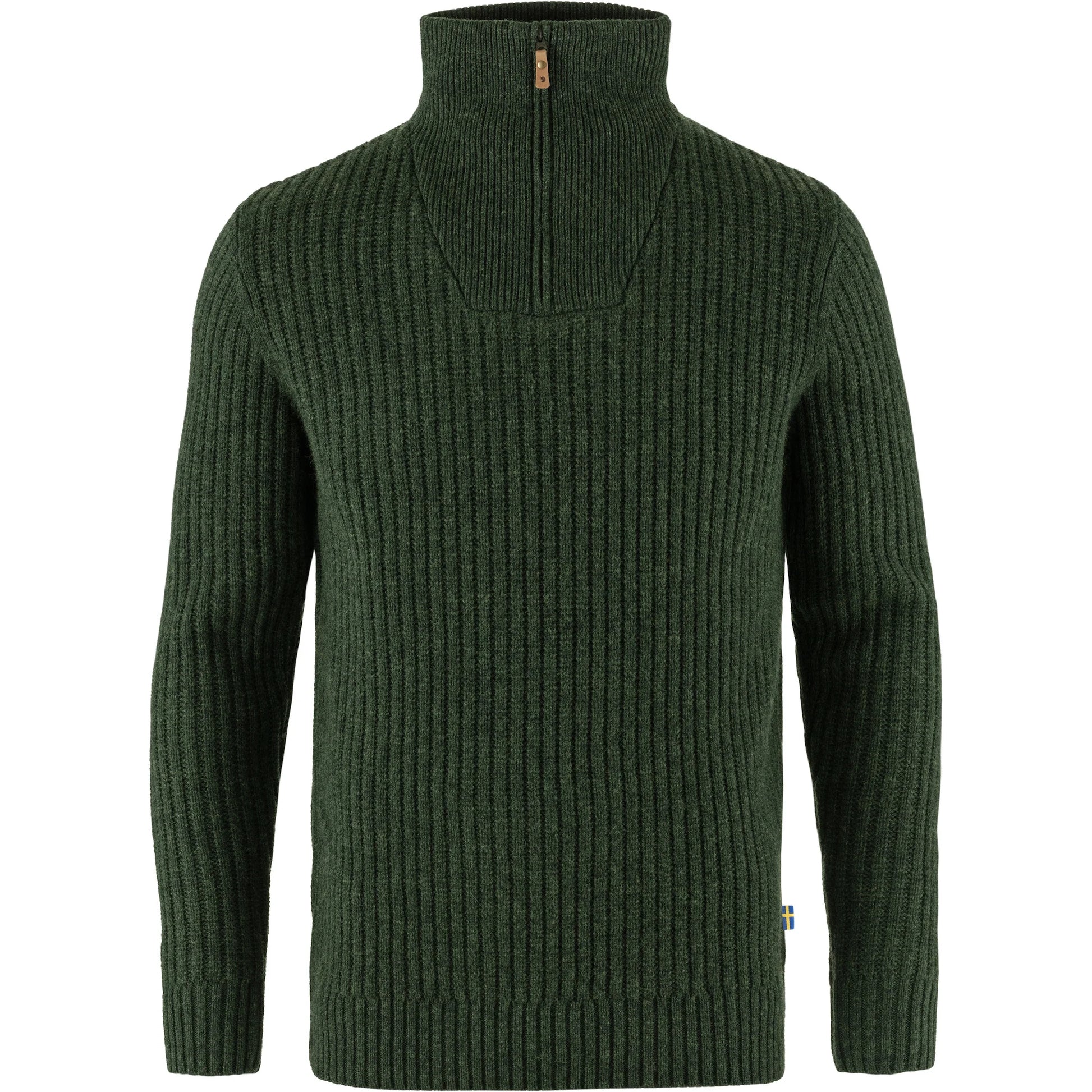 Green ribbed sweater with a zipper on a white background