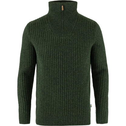 Green ribbed sweater with a zipper on a white background
