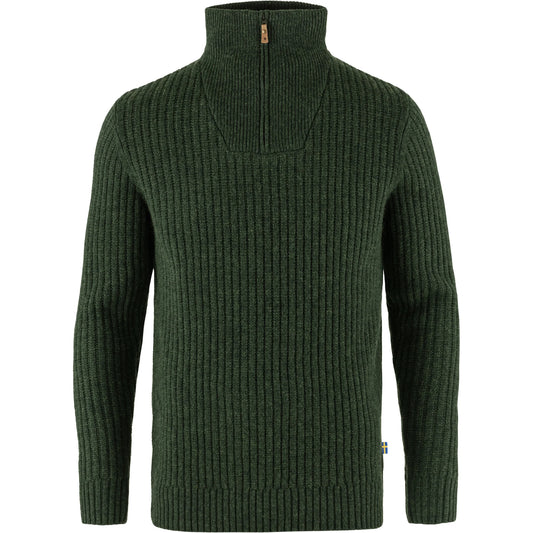 Green ribbed sweater with a zipper on a white background