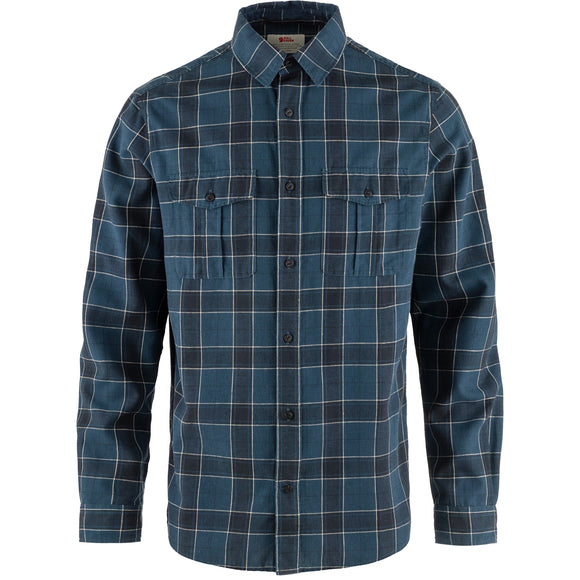 Navy/Indigo check shirt with dark buttons and two button down chest pockets, long sleeve - relaxed fit shirt.