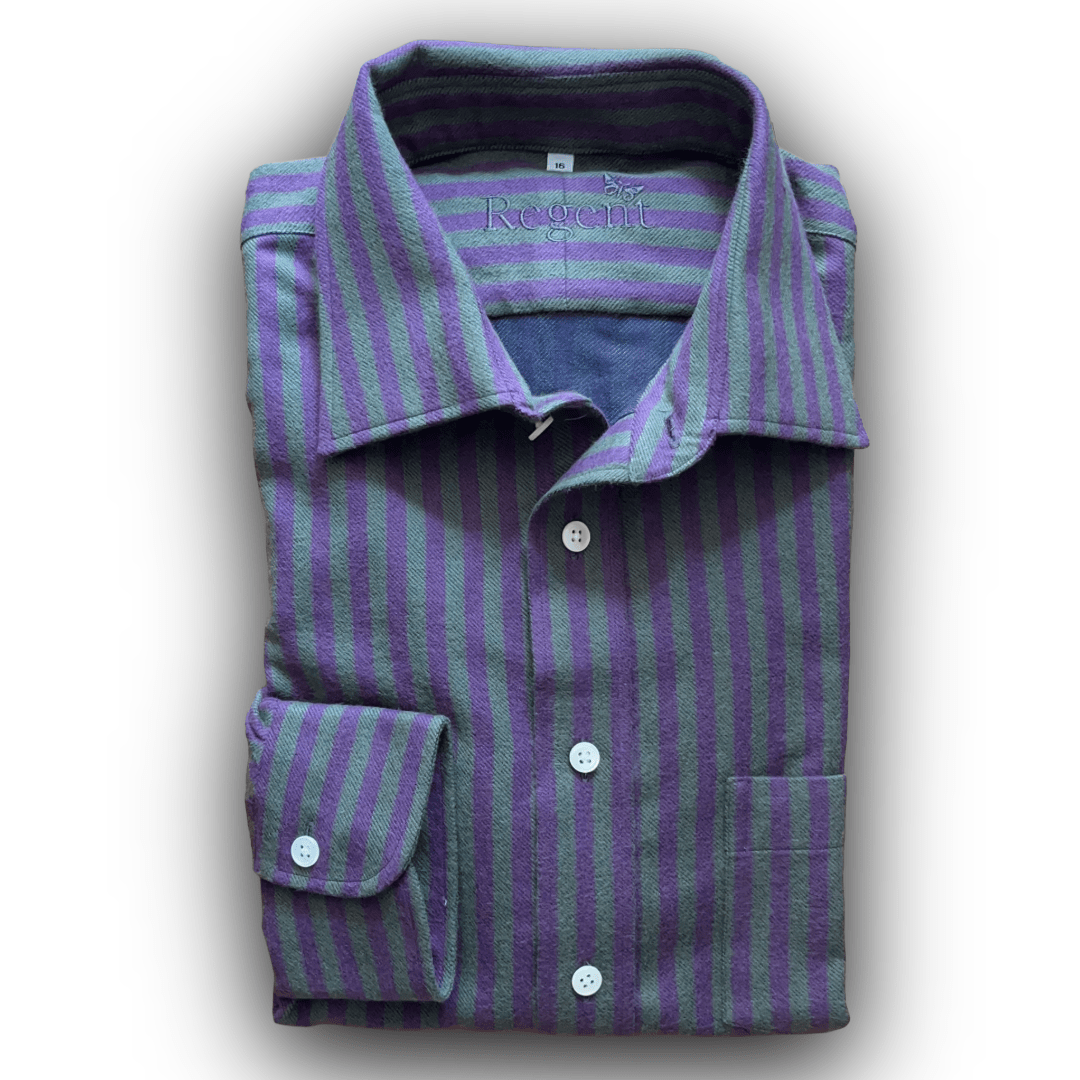 Regent - 'Beetle' Shirt - Purple and Green Striped Flannel - Regent Tailoring Salisbury