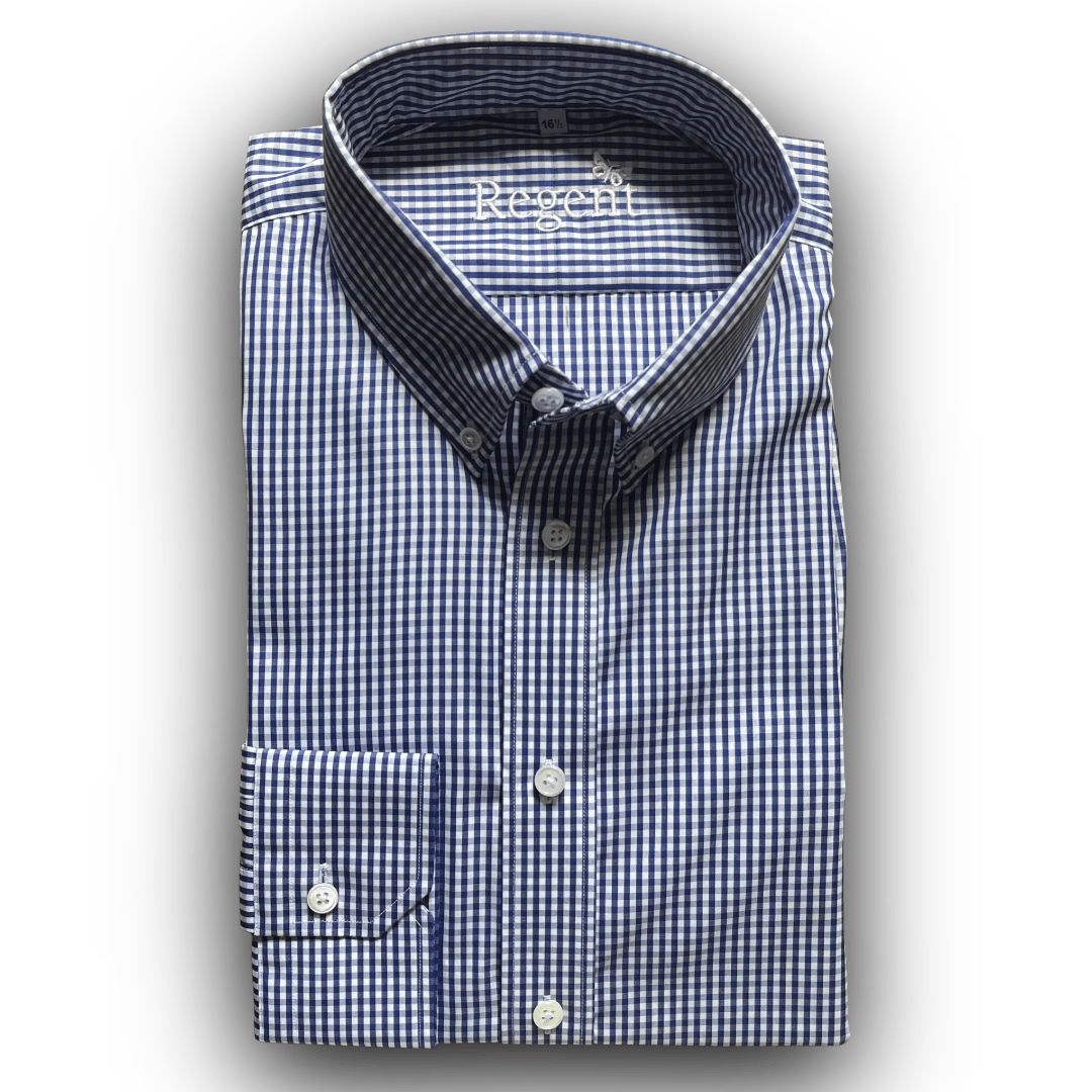 Regent - Blue Gingham Shirt - 1 Button Single Cuff - Regent TailoringRegent