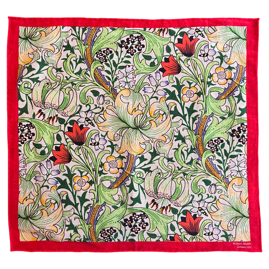 Regent - Cotton/Silk - Pocket Square - William Morris Liberty Print 'Golden Lily' Pattern - Red - Regent Tailoring Salisbury