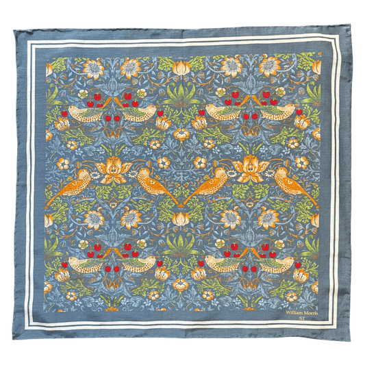 Regent - Cotton/Silk - Pocket Square - William Morris Liberty Print 'Strawberry Thief' Pattern - Blue - Regent Tailoring Salisbury