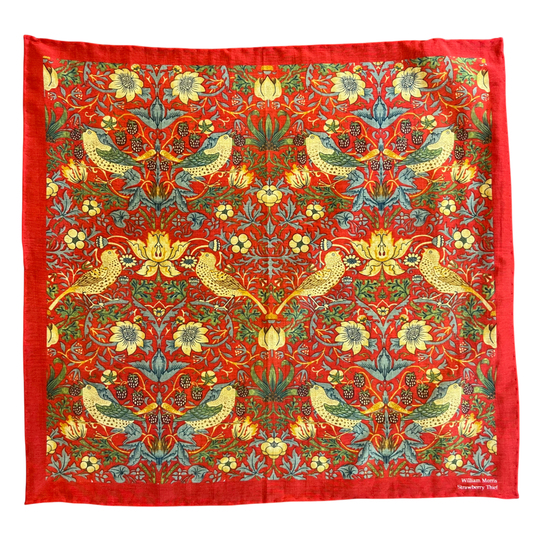 Regent - Cotton/Silk - Pocket Square - William Morris Liberty Print 'Strawberry Thief' Pattern - Red - Regent Tailoring Salisbury
