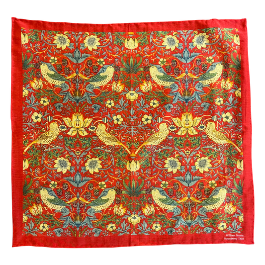 Regent - Cotton/Silk - Pocket Square - William Morris Liberty Print 'Strawberry Thief' Pattern - Red - Regent Tailoring Salisbury