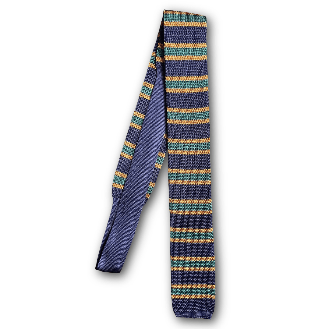Regent - Knitted Silk Tie - Green/Navy/Gold Stripe - Regent Tailoring Salisbury