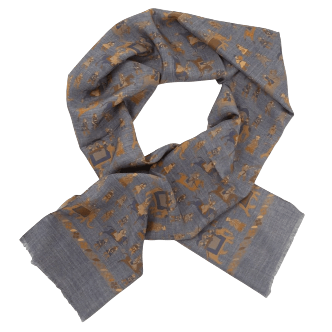 Regent - Lightweight Silk Scarf - Elephants and Warriors - Slate Blue - Regent Tailoring Salisbury