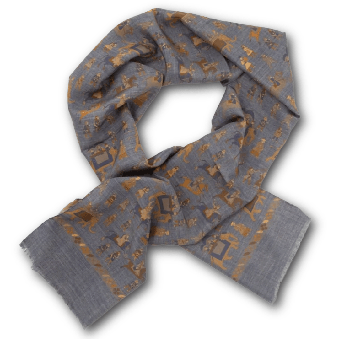 Regent - Lightweight Silk Scarf - Elephants and Warriors - Slate Blue - Regent TailoringRegent