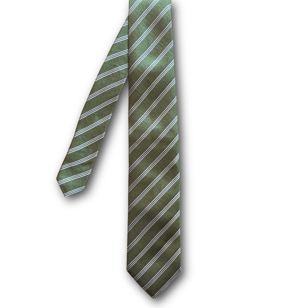 Regent Luxury Silk Tie - Green with Fine Twin Navy Stripe - Regent Tailoring Salisbury
