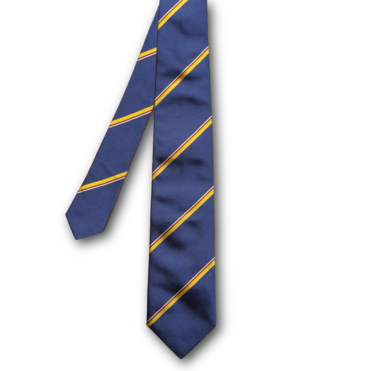 Regent Luxury Silk Tie - Navy with Gold, Red & White Stripe - Regent Tailoring Salisbury