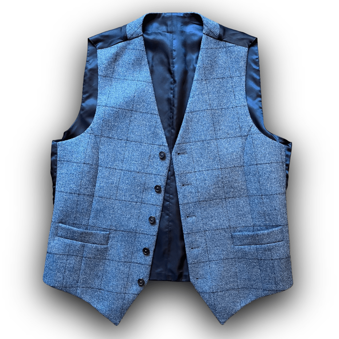 Regent - Max Waistcoat – Blue Wool Tweed Overcheck - Regent Tailoring Salisbury