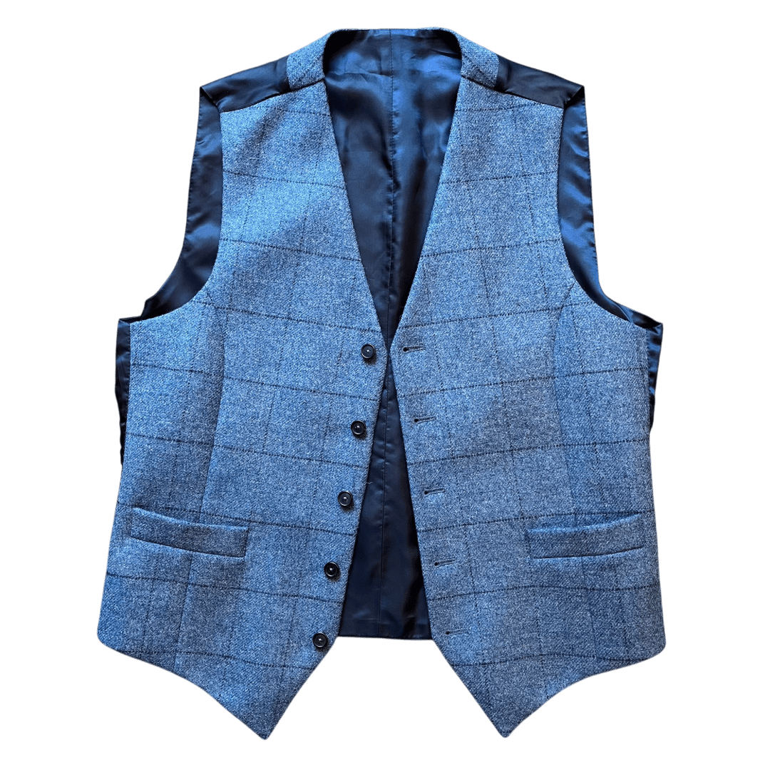 Regent - Max Waistcoat – Blue Wool Tweed Overcheck - Regent Tailoring Salisbury