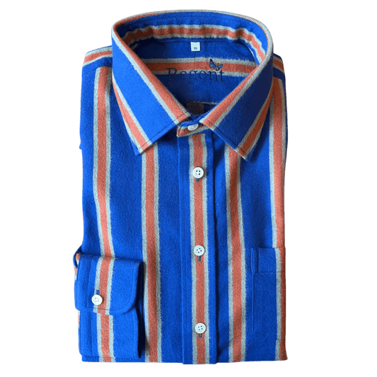 Regent - 'Pendleton' Shirt - Blue/Orange Stripe Brushed Cotton - Regent Tailoring Salisbury