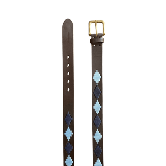 Regent - Polo Belt - Embroidered - Leather - Sky Blue & Navy Diamond - Regent Tailoring Salisbury