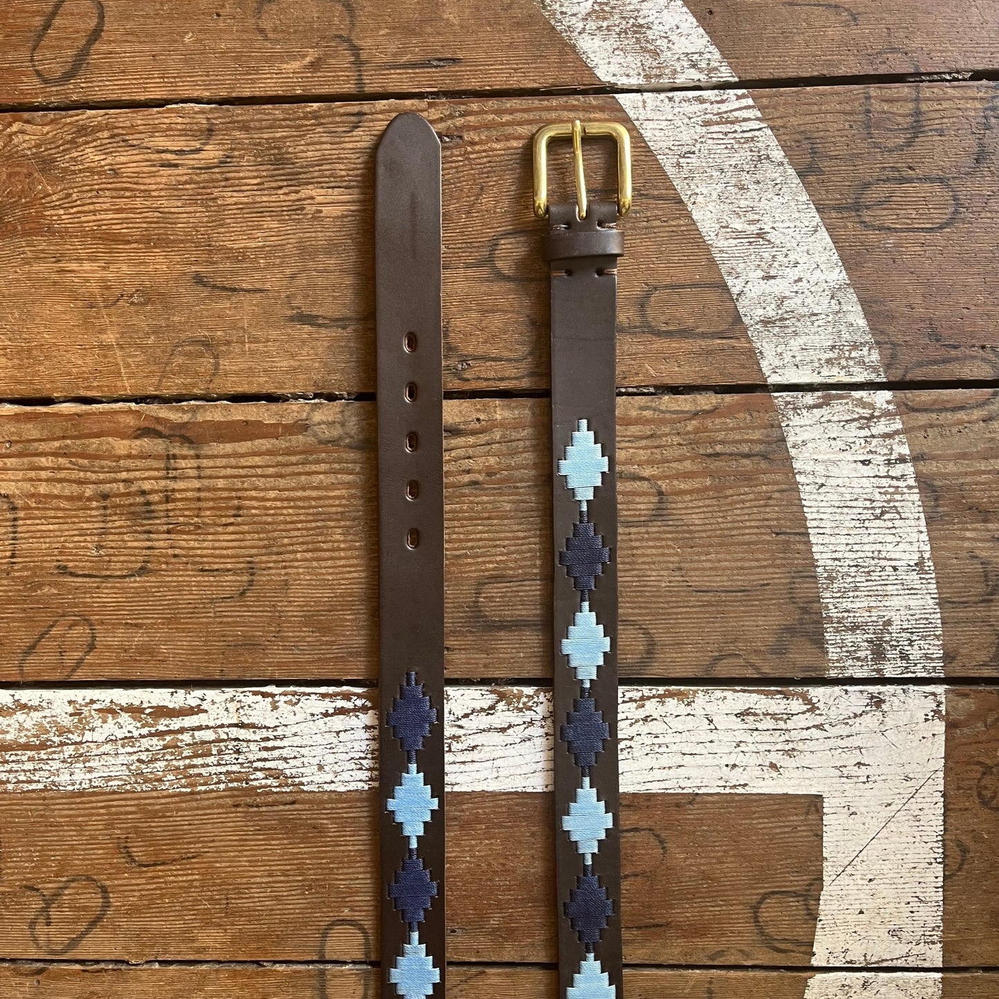 Regent - Polo Belt - Embroidered - Leather - Sky Blue & Navy Diamond - Regent TailoringPolo