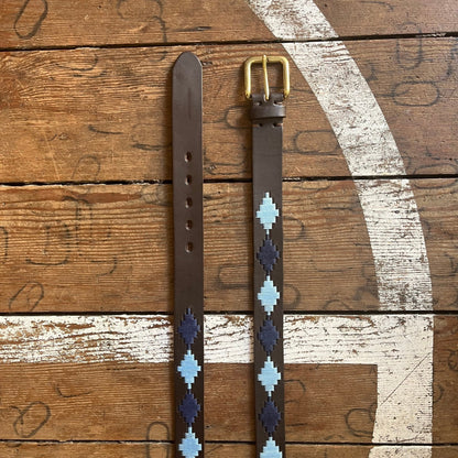 Regent - Polo Belt - Embroidered - Leather - Sky Blue & Navy Diamond - Regent TailoringPolo