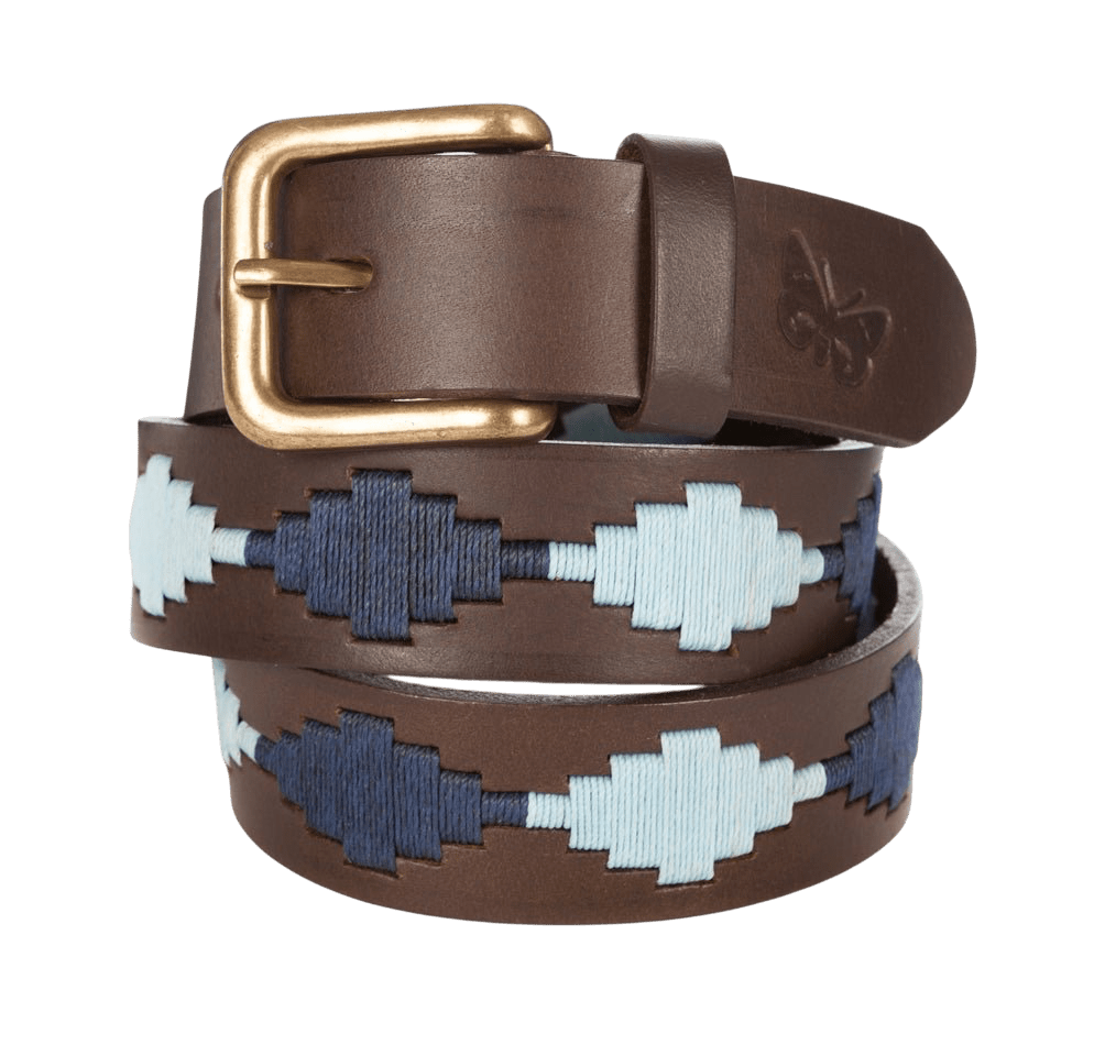 Regent - Polo Belt - Embroidered - Leather - Sky Blue & Navy Diamond - Regent Tailoring Salisbury