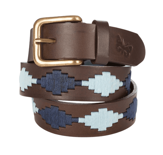 Regent - Polo Belt - Embroidered - Leather - Sky Blue & Navy Diamond - Regent Tailoring Salisbury