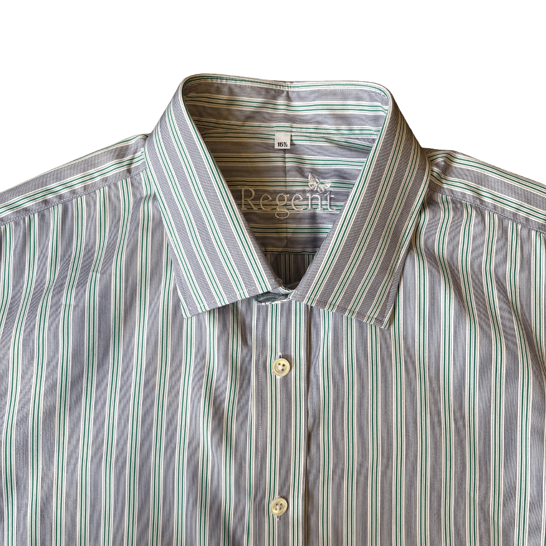 A close-up of a Regent striped shirt collar with vertical stripes in grey, green, and white
